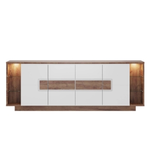 Bufet cu 4 usi, 2 nise si sistem LED alb lucios/stejar salbatic Dune